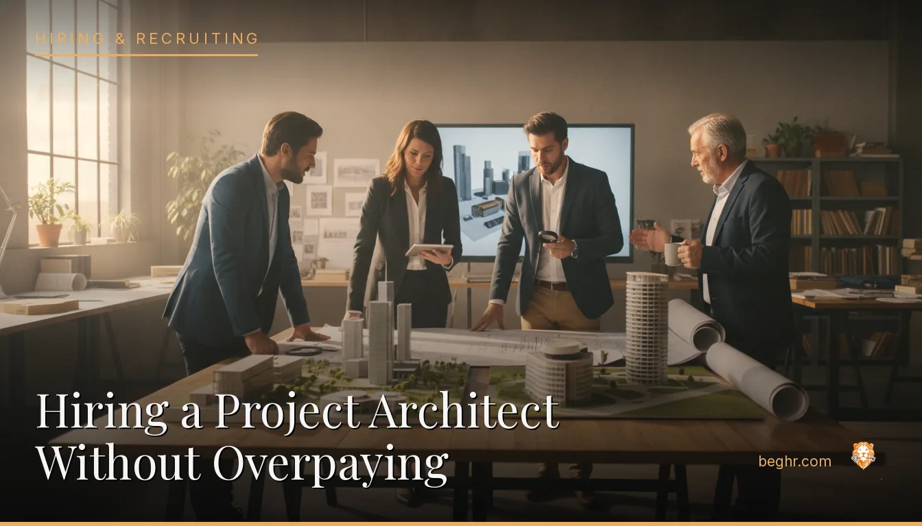 Architects reviewing building models and blueprints in a studio