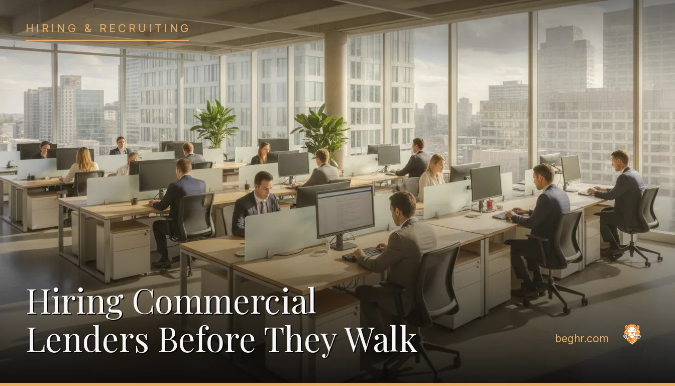 A modern bank or finance office with professionals at desks