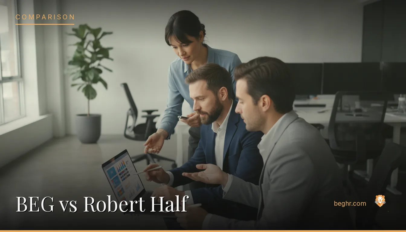 Business professionals comparing options on a laptop in a modern office