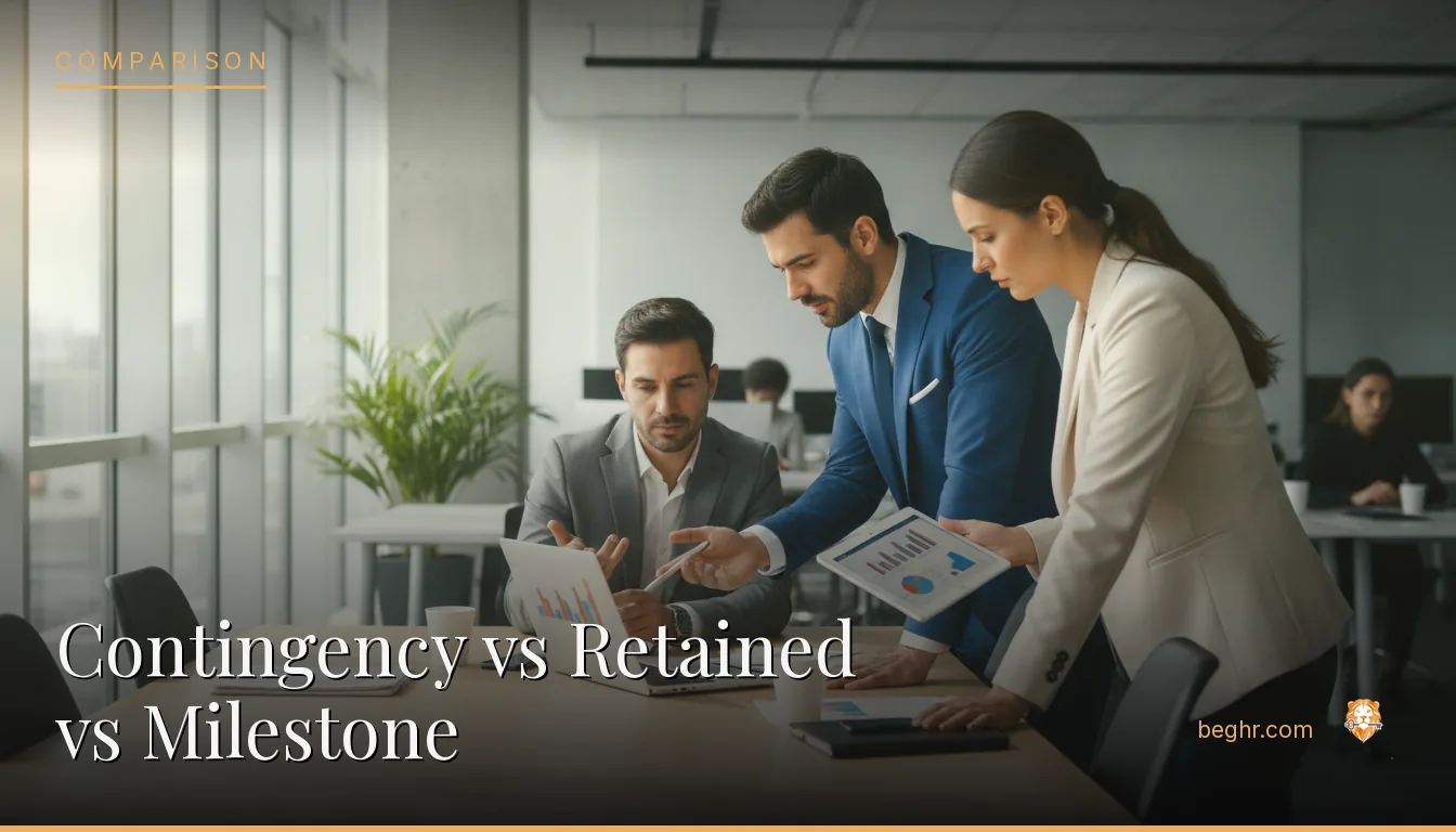 Business professionals comparing options on a laptop in a modern office