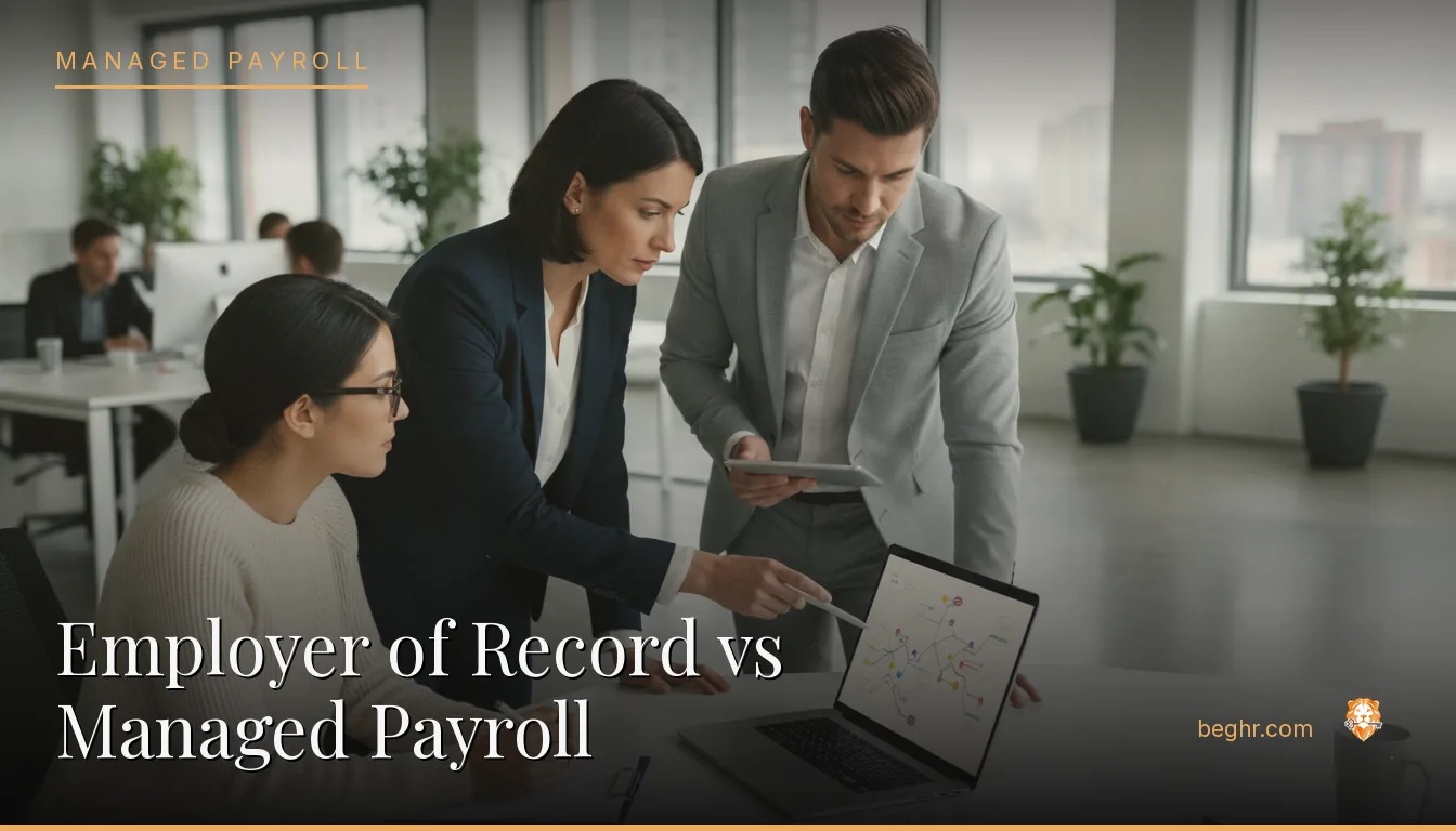 Business professionals comparing options on a laptop in a modern office