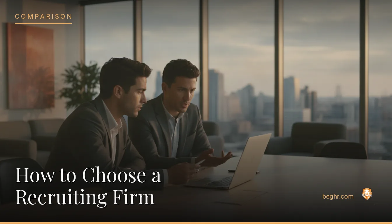 Business professionals comparing options on a laptop in a modern office
