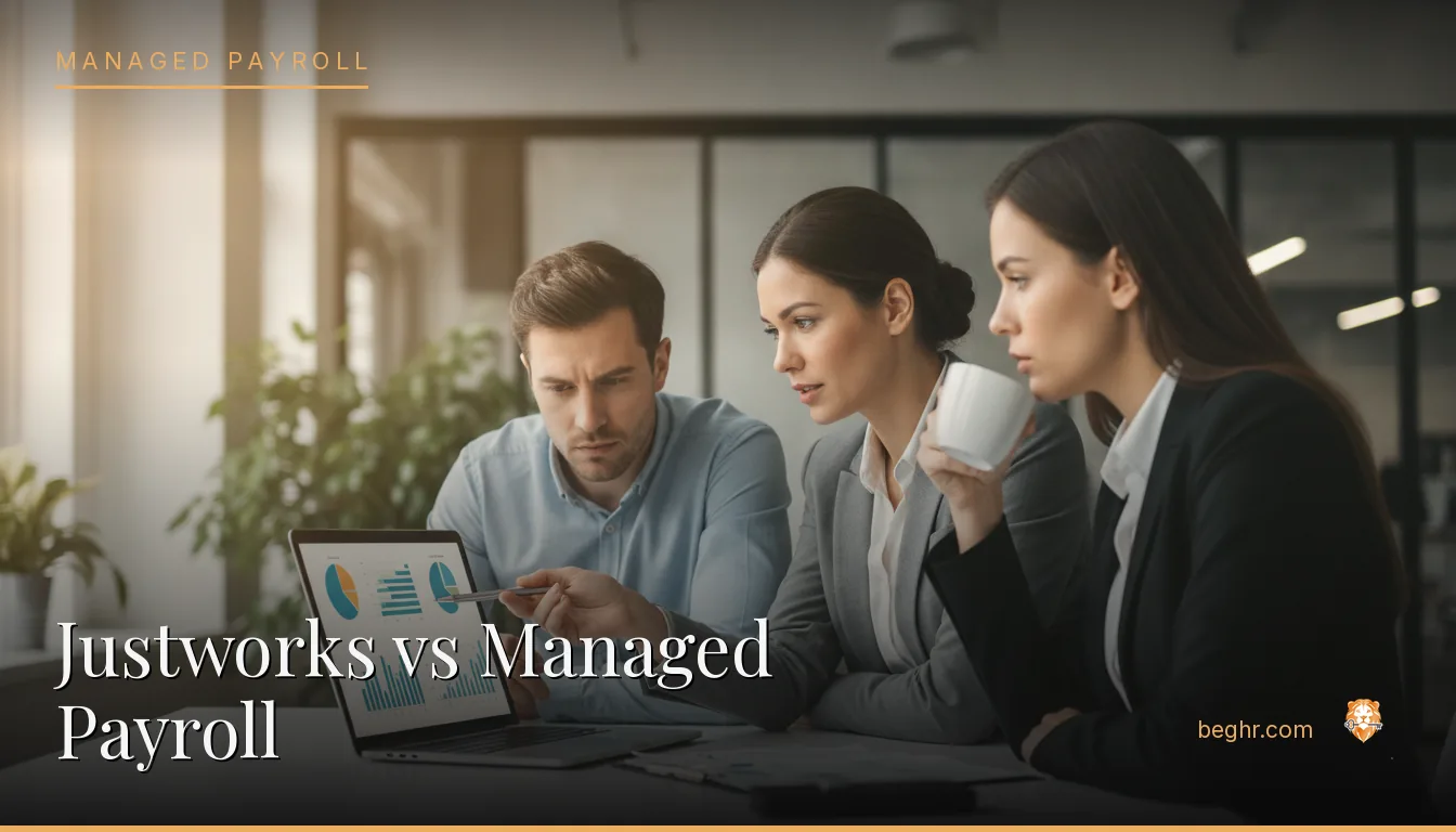 Business professionals comparing options on a laptop in a modern office