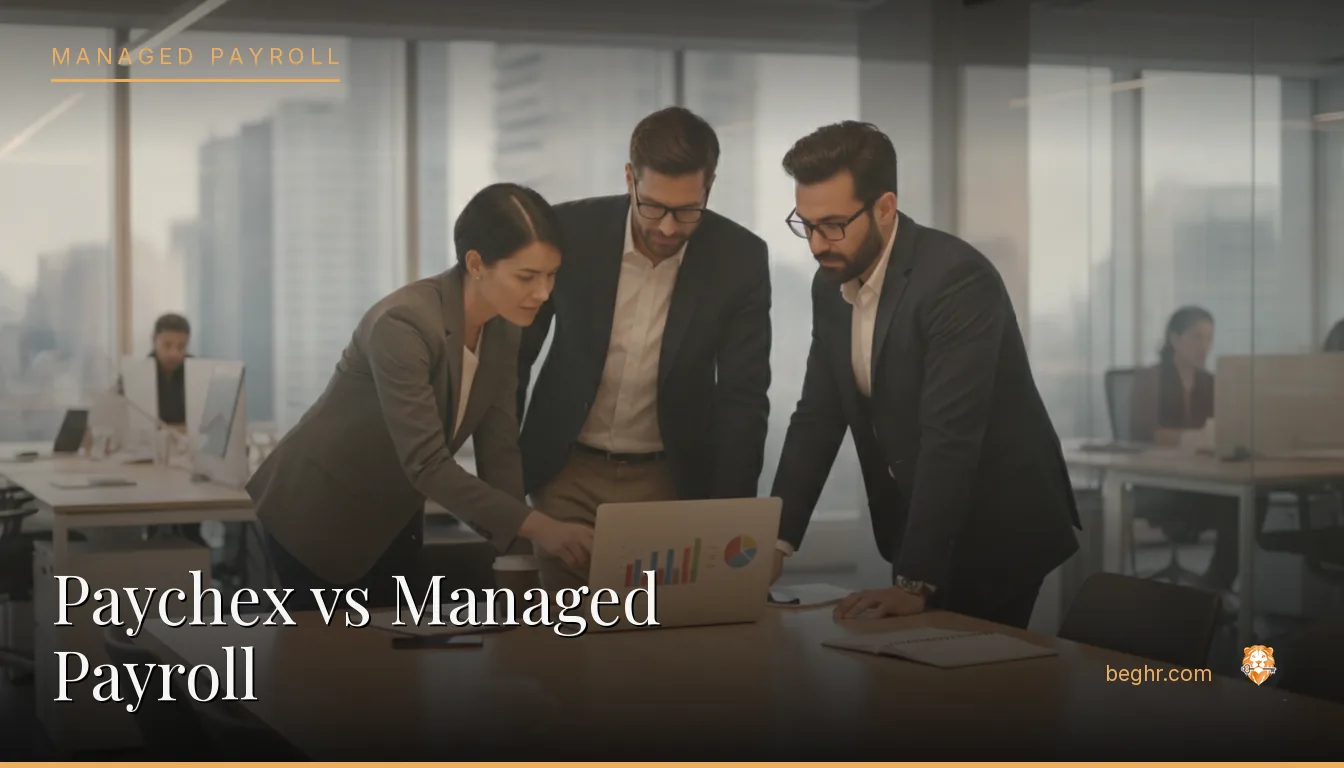Business professionals comparing options on a laptop in a modern office