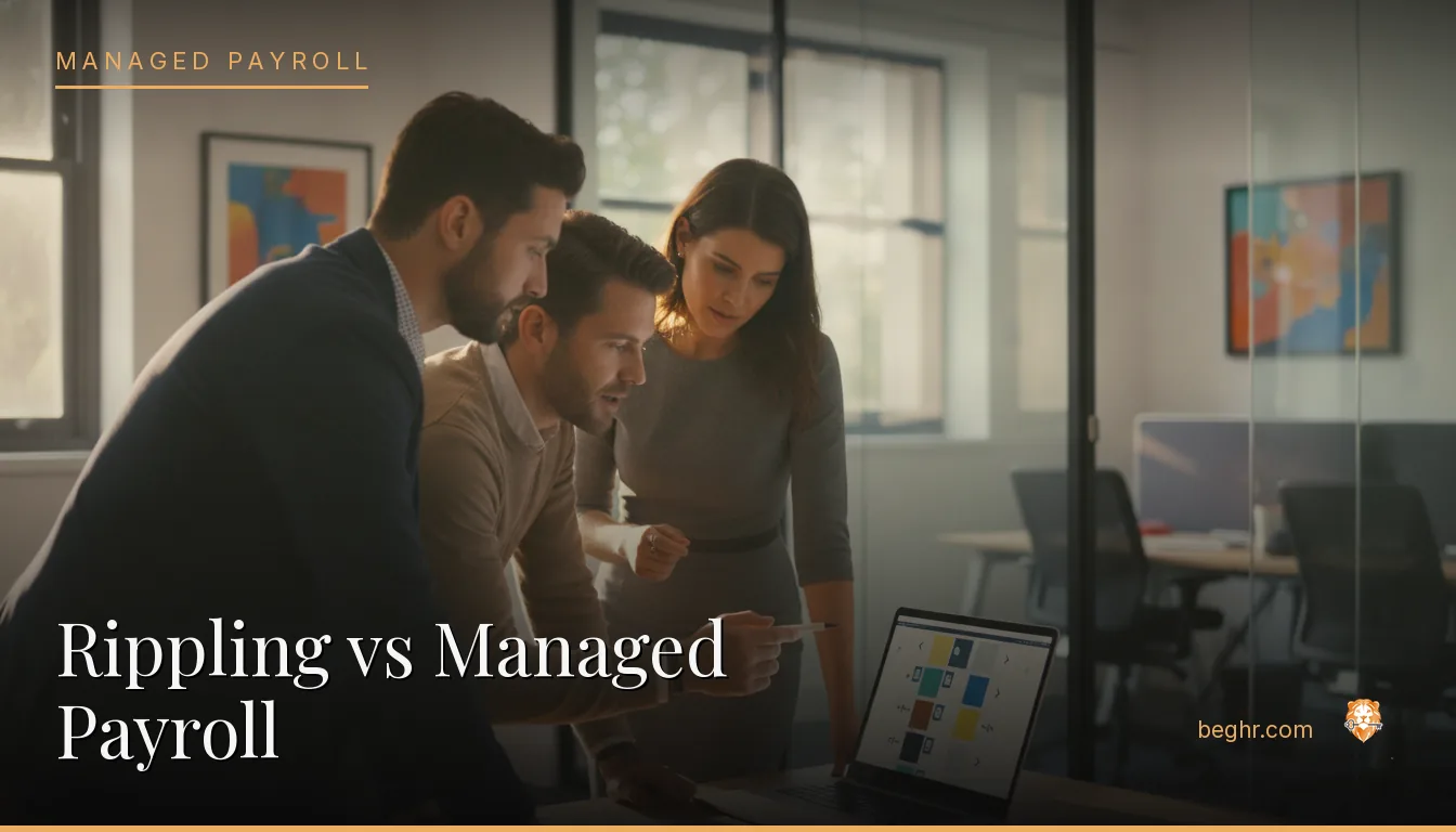 Business professionals comparing options on a laptop in a modern office