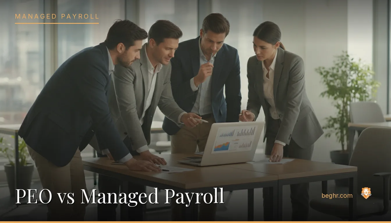 Business professionals comparing options on a laptop in a modern office