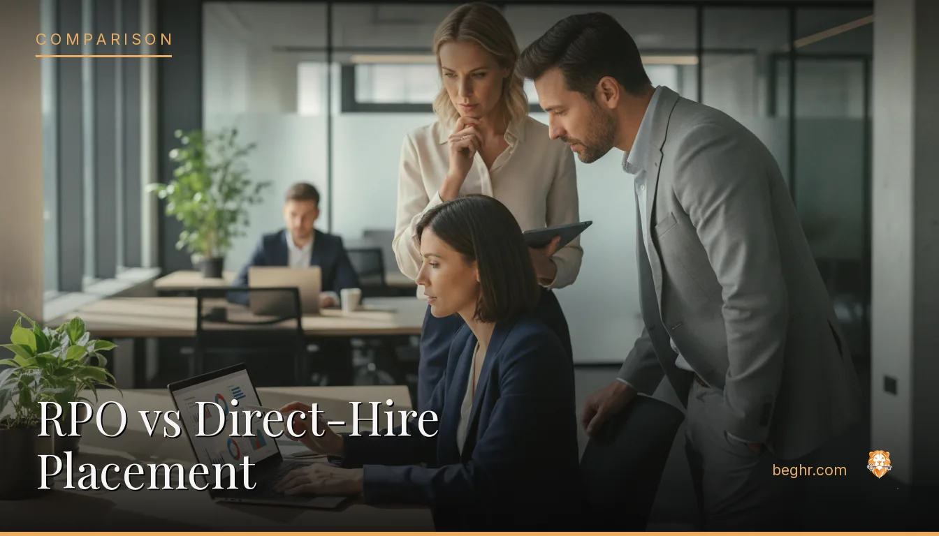Business professionals comparing options on a laptop in a modern office
