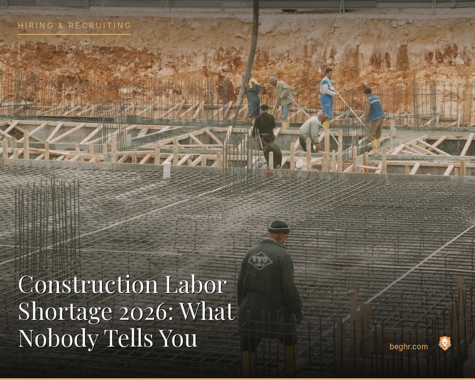 A real construction site, workers in hard hats and hi-vis vests reviewing plans