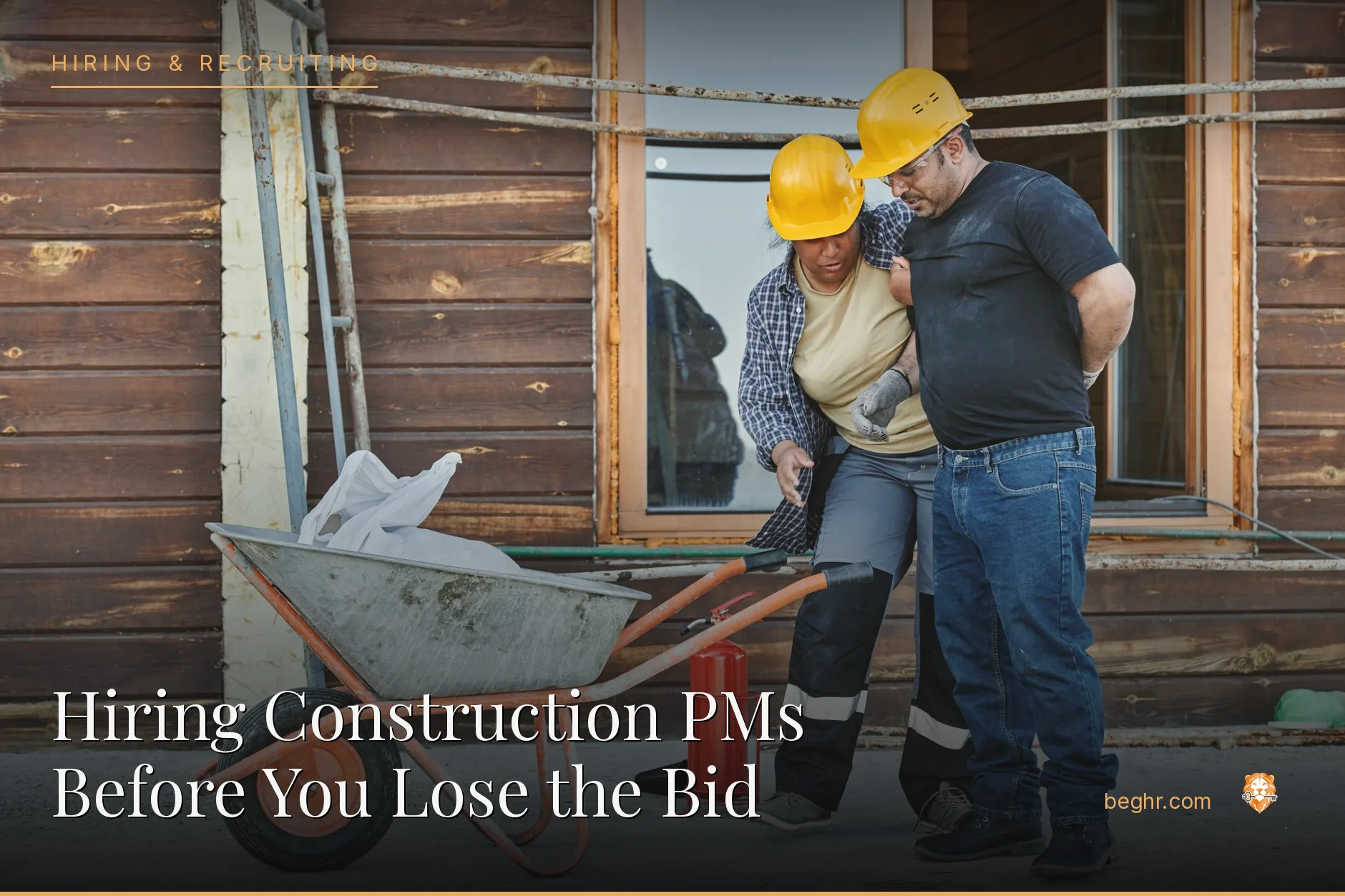 A real construction site, workers in hard hats and hi-vis vests reviewing plans