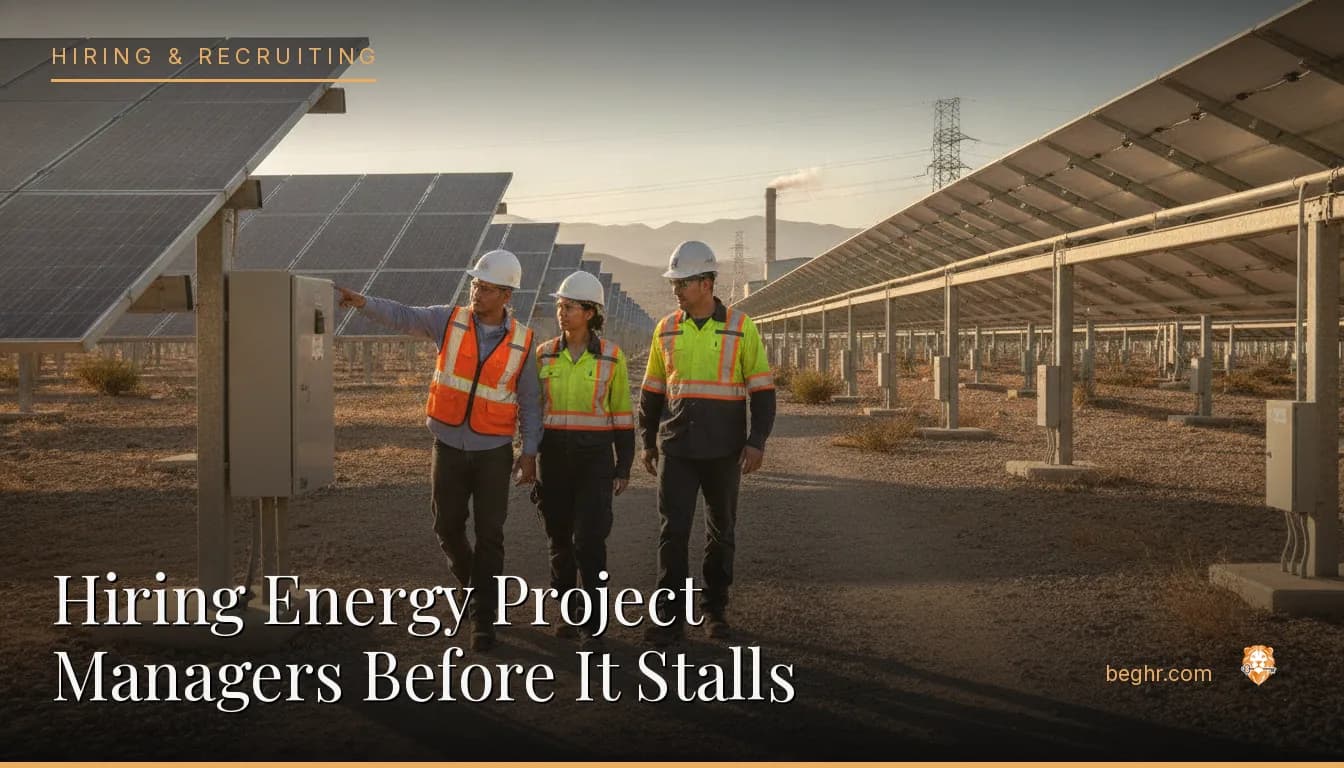 Energy sector workers at a solar or power facility in hi-vis gear