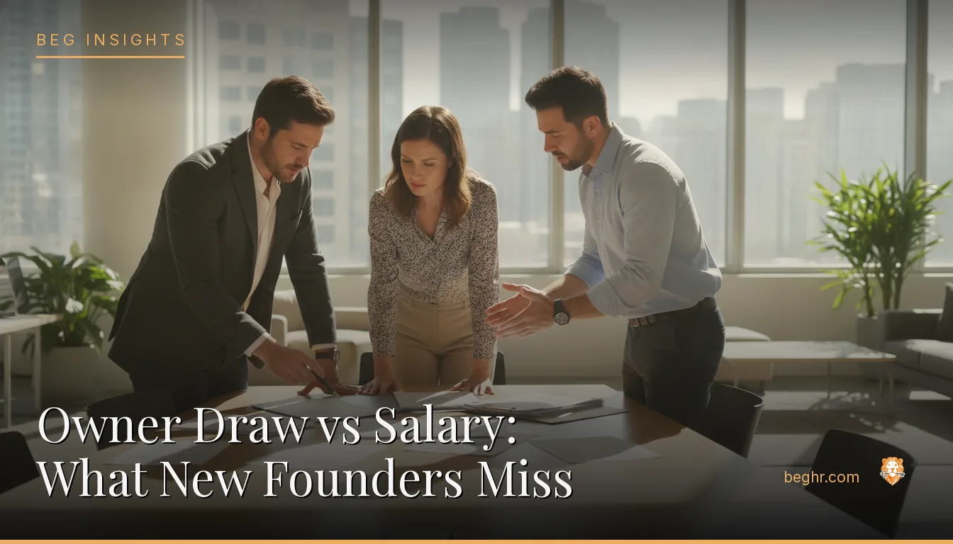 Business professionals reviewing payroll and HR documents in a bright modern office