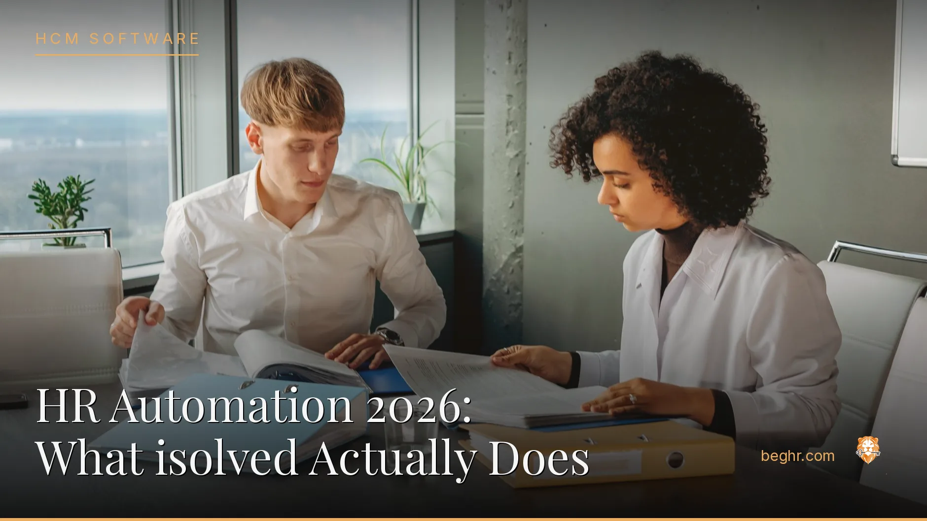 An HR team reviewing employee documents in a bright modern office