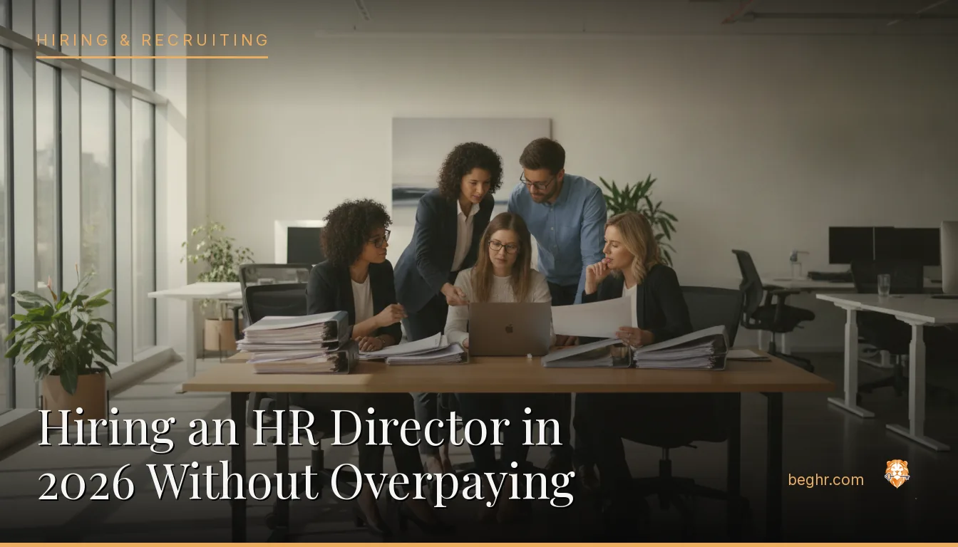 An HR team reviewing employee documents in a bright modern office