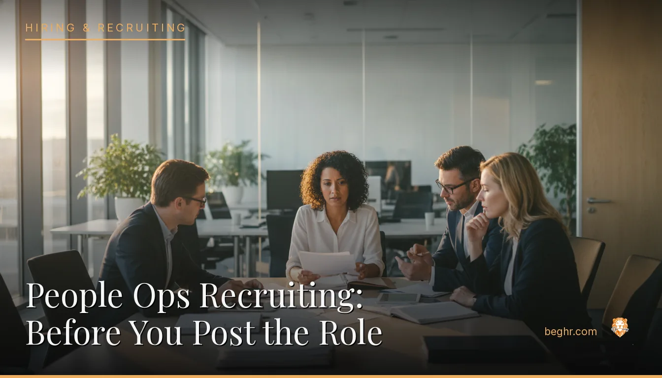 An HR team reviewing employee documents in a bright modern office