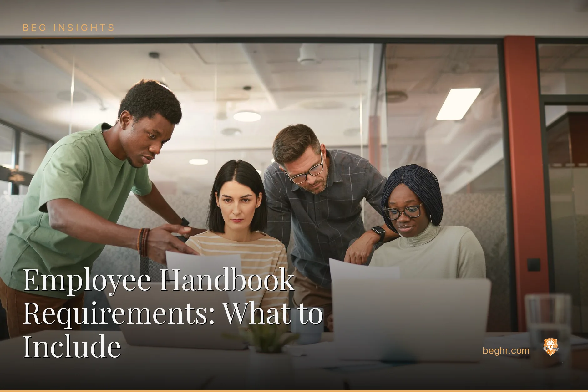 An HR team reviewing employee documents in a bright modern office