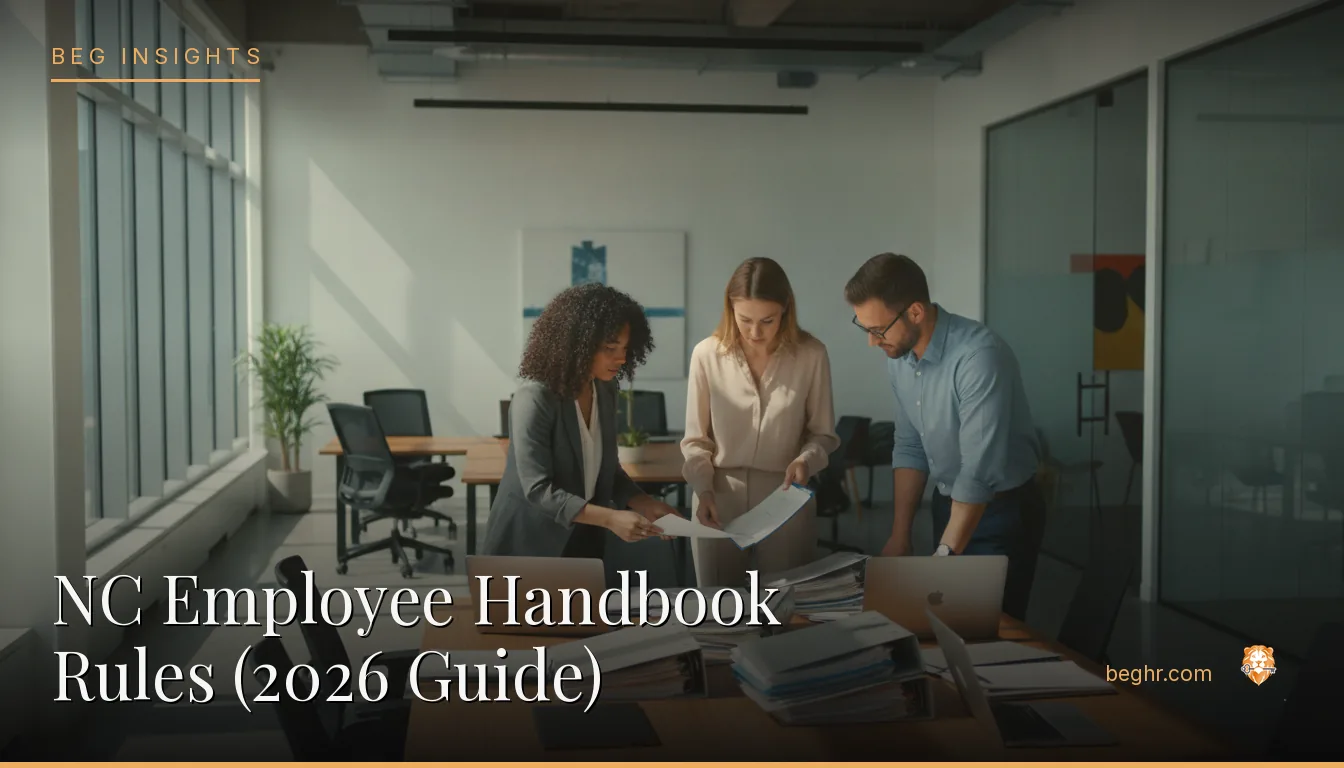 An HR team reviewing employee documents in a bright modern office