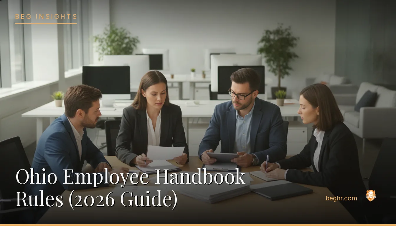 An HR team reviewing employee documents in a bright modern office