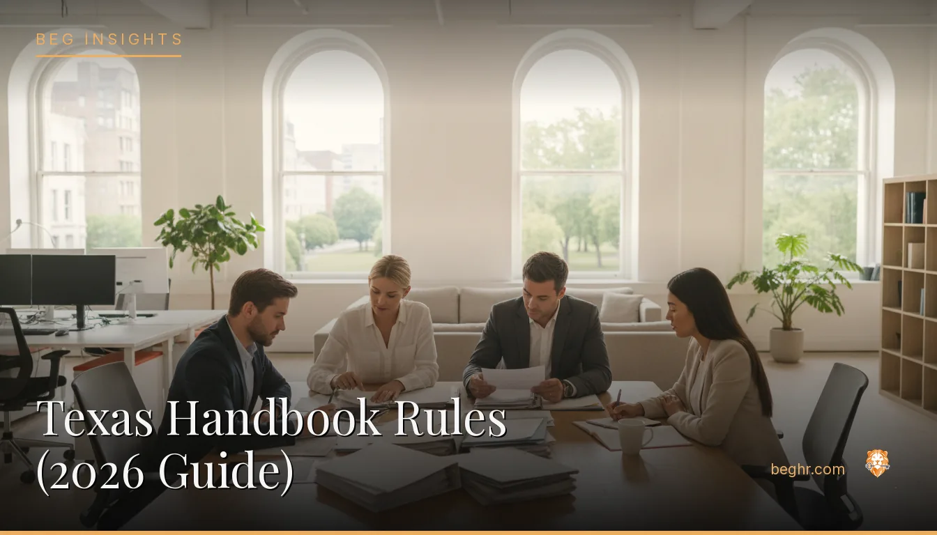 An HR team reviewing employee documents in a bright modern office