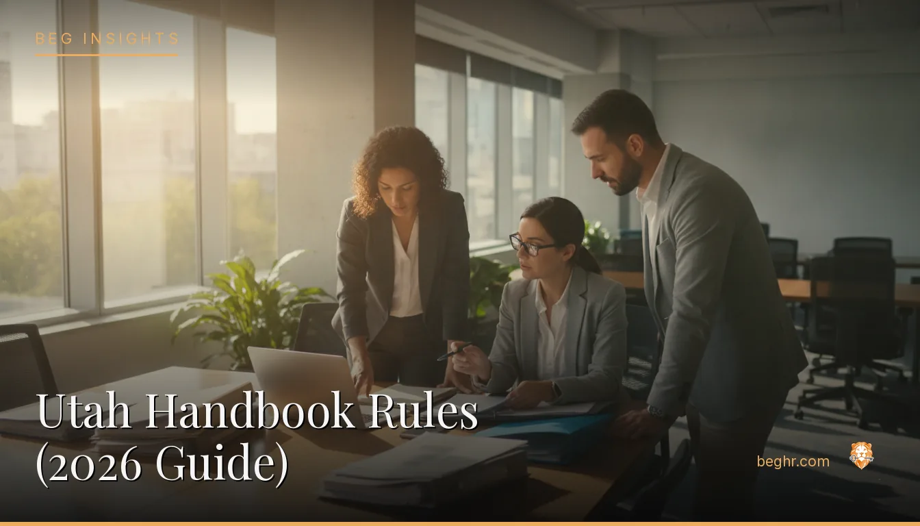 An HR team reviewing employee documents in a bright modern office