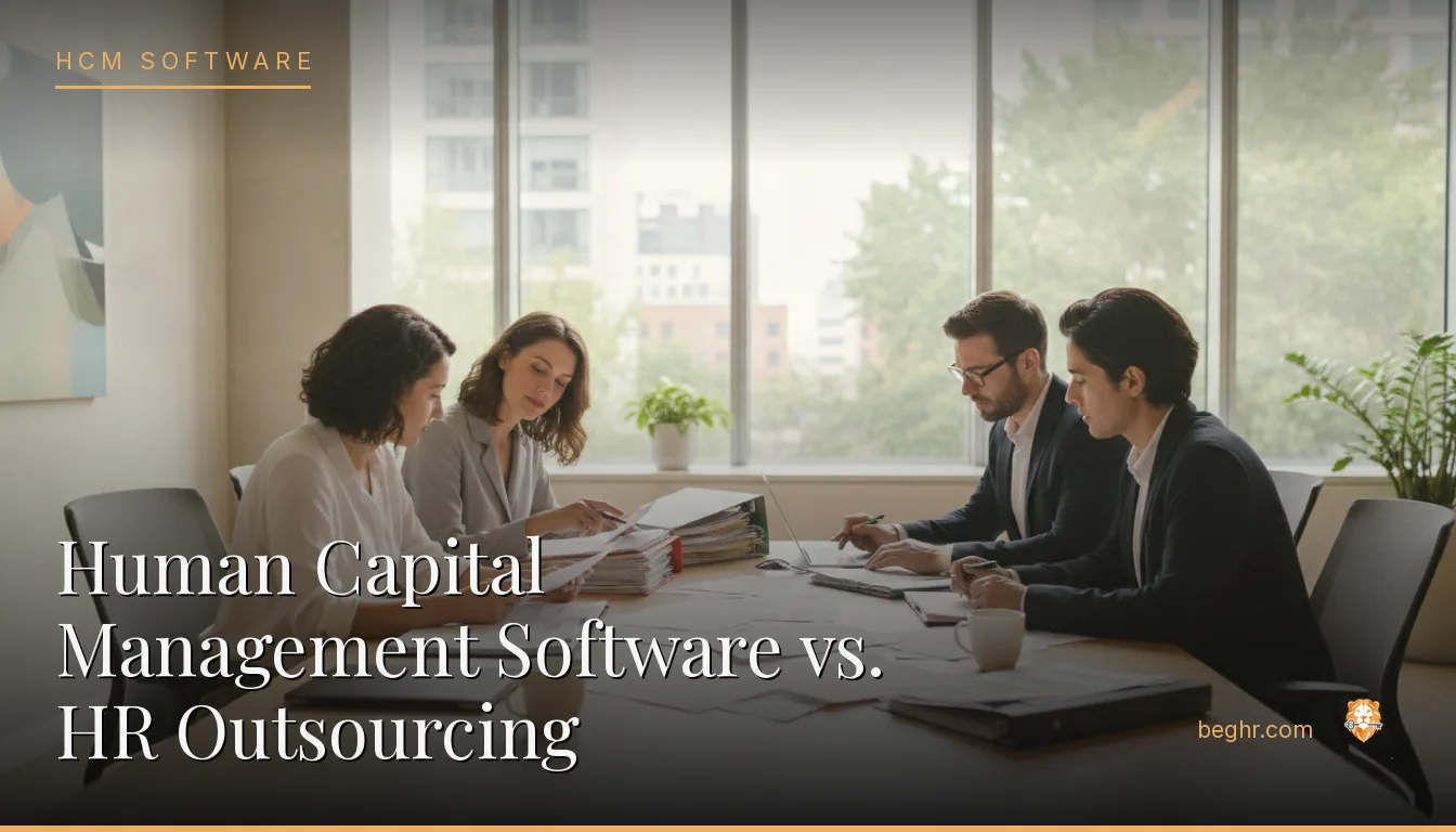 An HR team reviewing employee documents in a bright modern office
