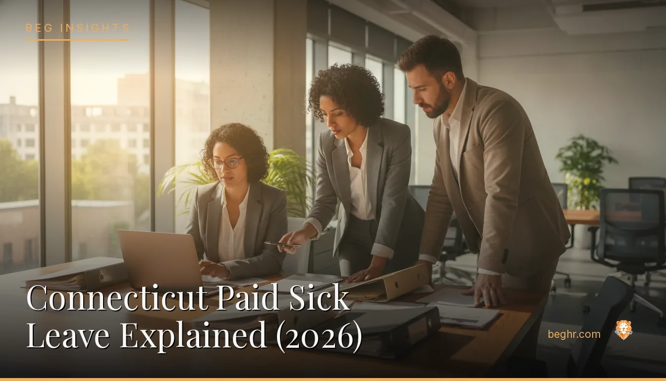 An HR team reviewing employee documents in a bright modern office