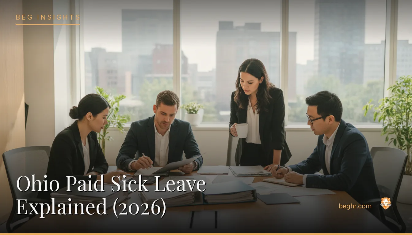 An HR team reviewing employee documents in a bright modern office