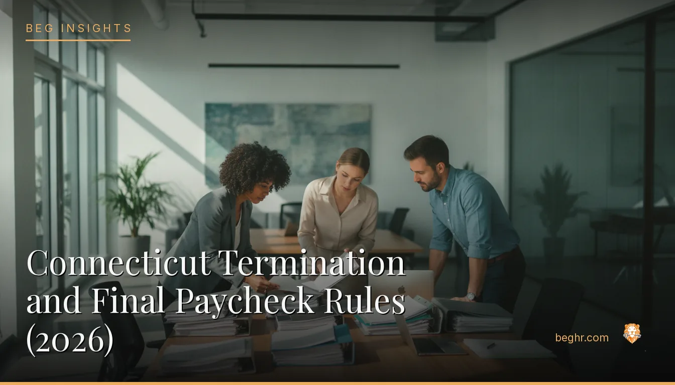 An HR team reviewing employee documents in a bright modern office