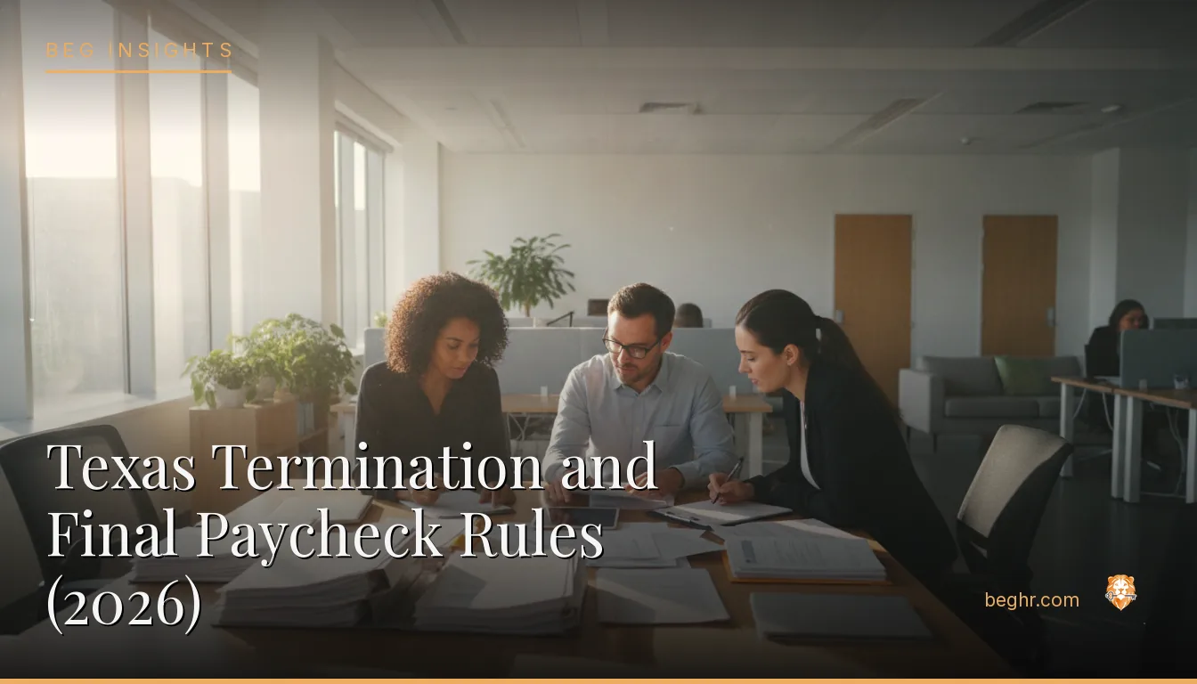 An HR team reviewing employee documents in a bright modern office