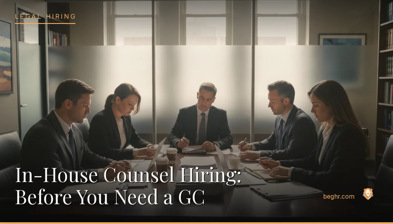 A professional law office, attorneys reviewing documents at a conference table