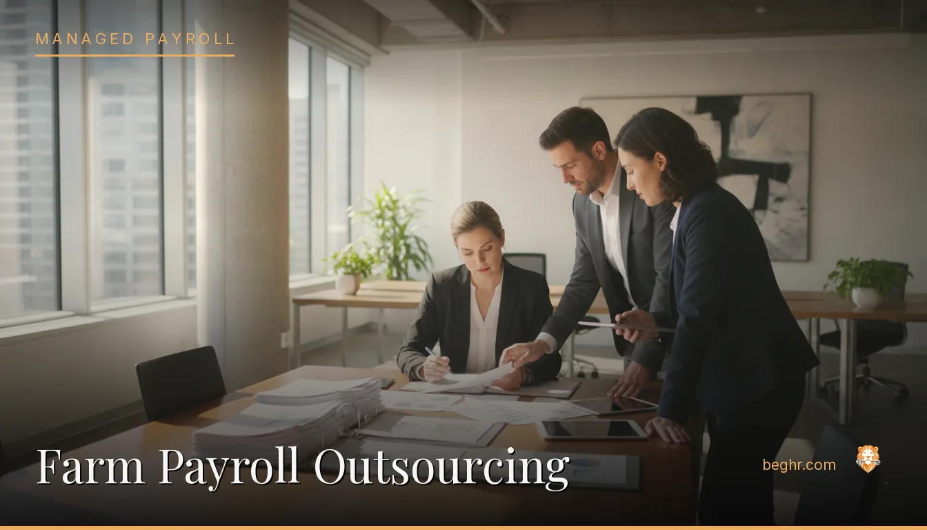 Business professionals reviewing payroll and HR documents in a bright modern office