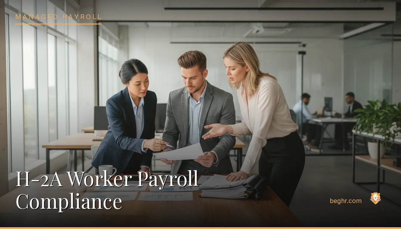 Business professionals reviewing payroll and HR documents in a bright modern office