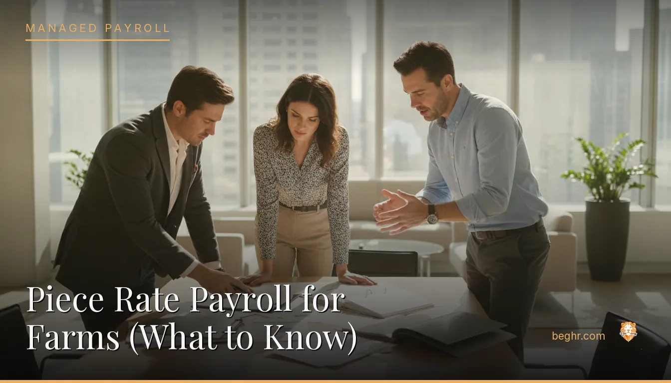 Business professionals reviewing payroll and HR documents in a bright modern office