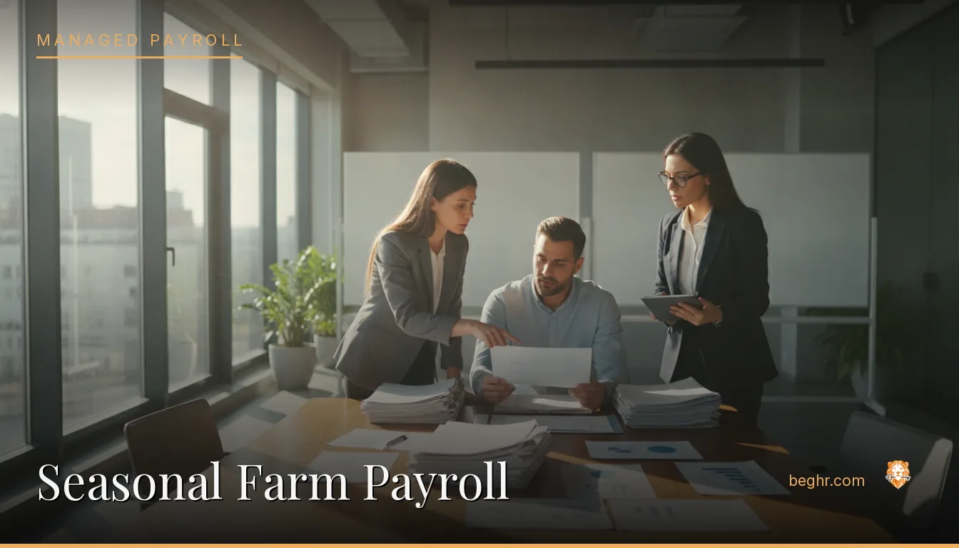 Business professionals reviewing payroll and HR documents in a bright modern office