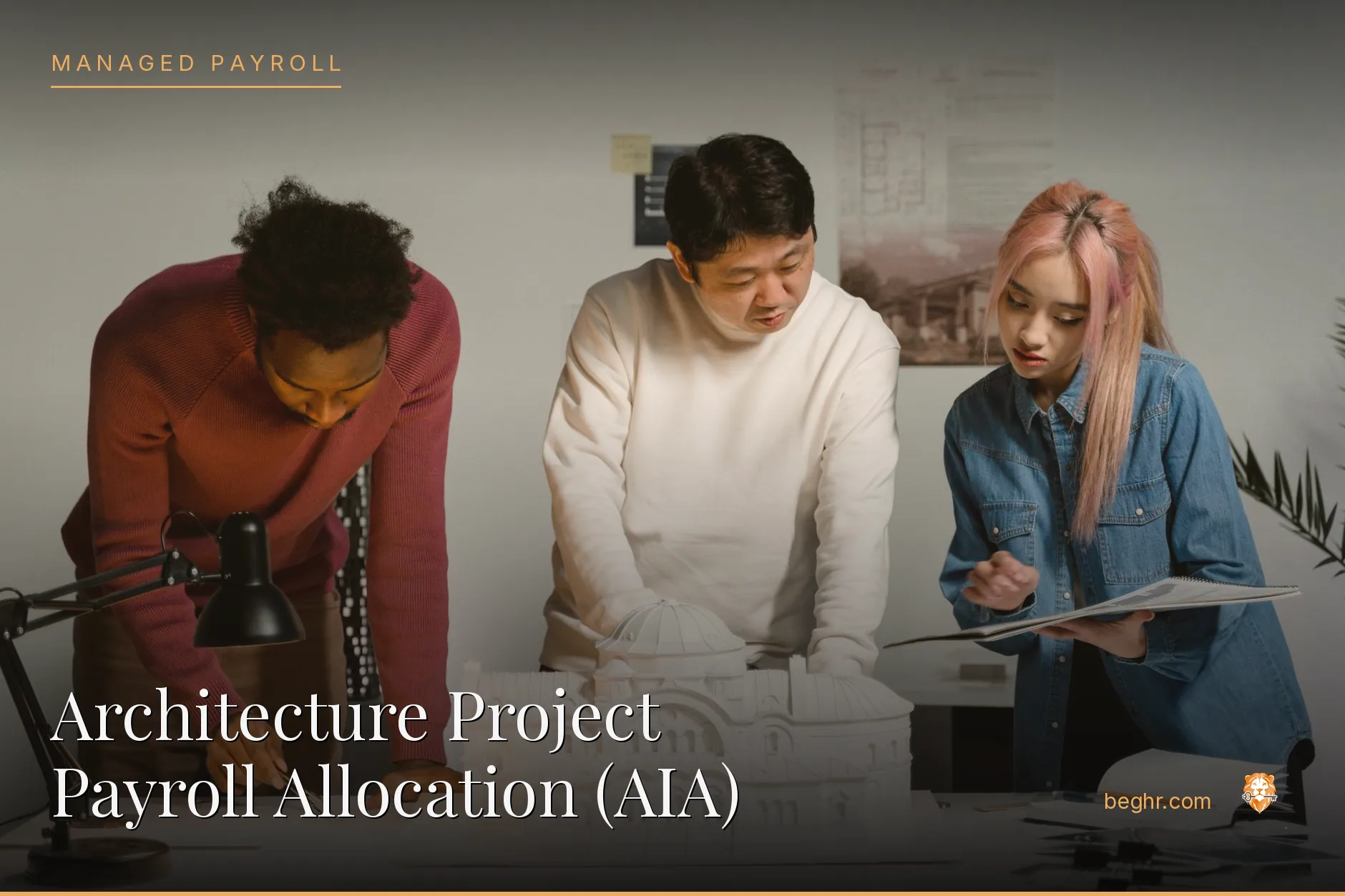 Architects reviewing building models and blueprints in a studio