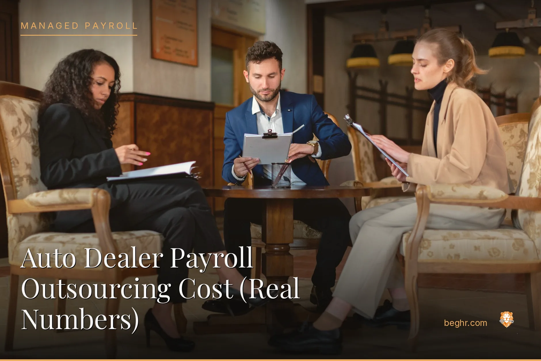 Business professionals reviewing payroll and HR documents in a bright modern office