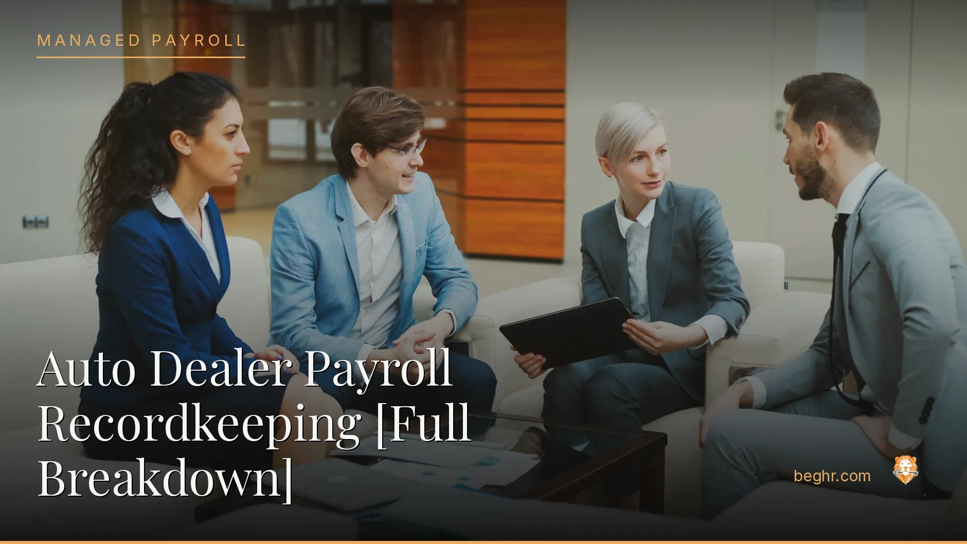 Business professionals reviewing payroll and HR documents in a bright modern office