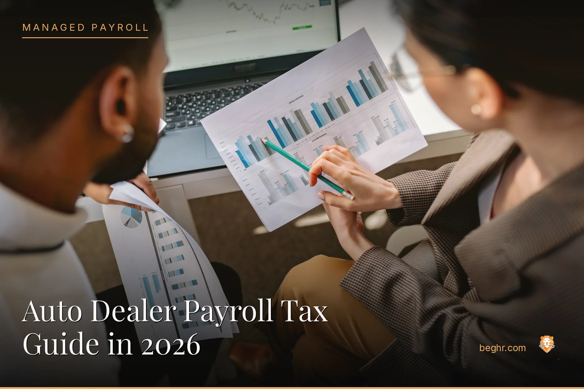 Business professionals reviewing payroll and HR documents in a bright modern office