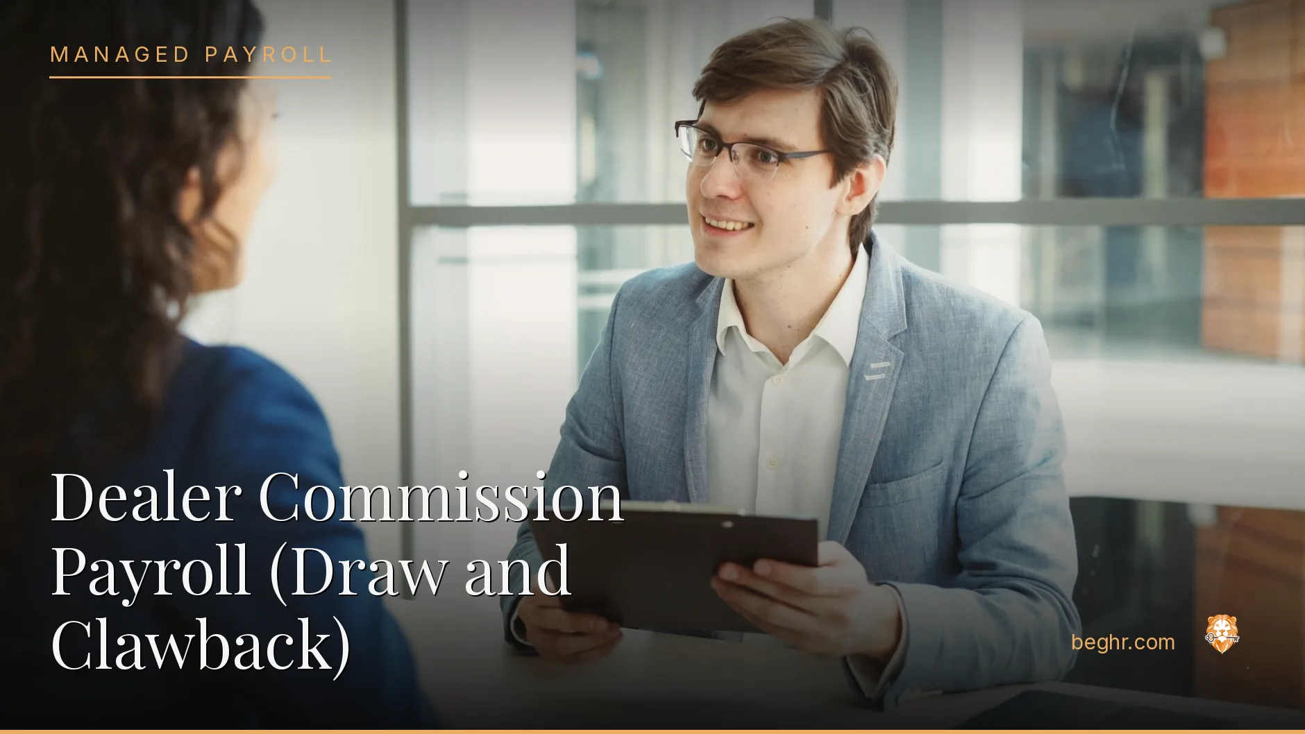 Business professionals reviewing payroll and HR documents in a bright modern office