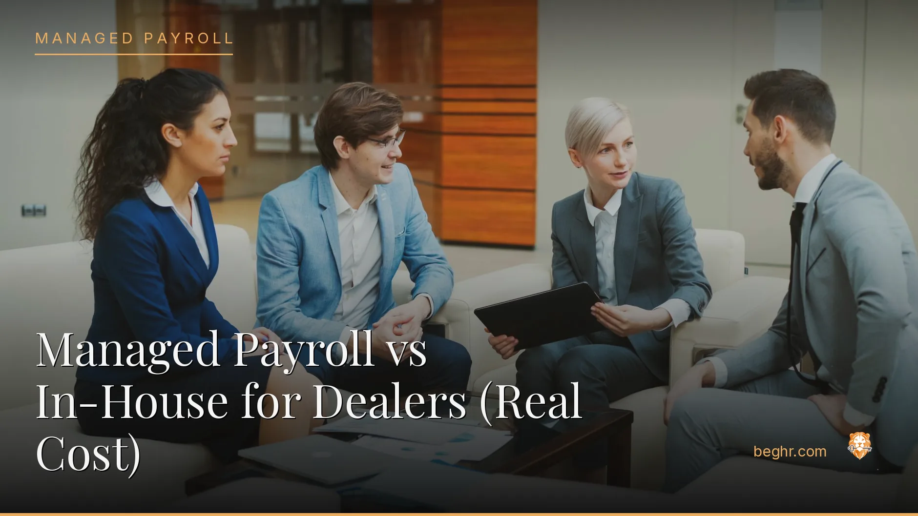Business professionals reviewing payroll and HR documents in a bright modern office