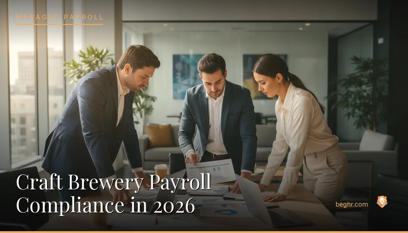 Business professionals reviewing payroll and HR documents in a bright modern office