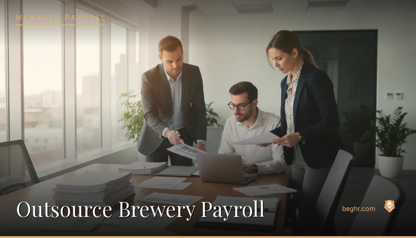 Business professionals reviewing payroll and HR documents in a bright modern office