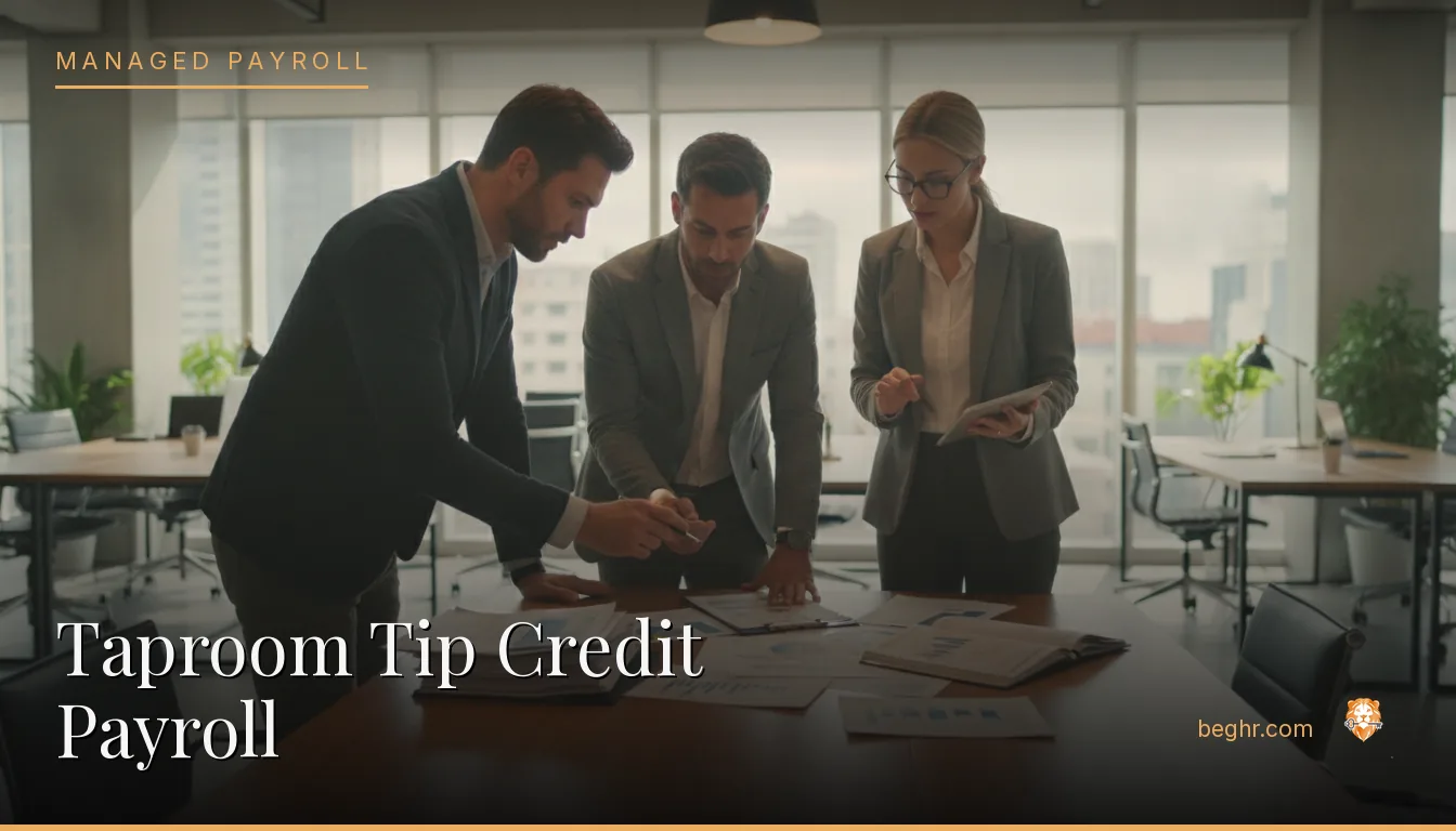 Business professionals reviewing payroll and HR documents in a bright modern office