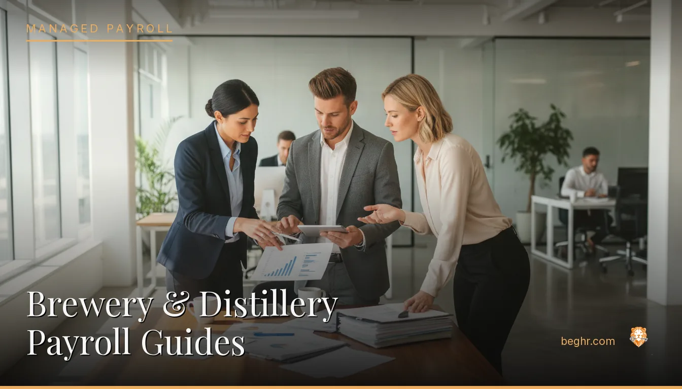 Business professionals reviewing payroll and HR documents in a bright modern office