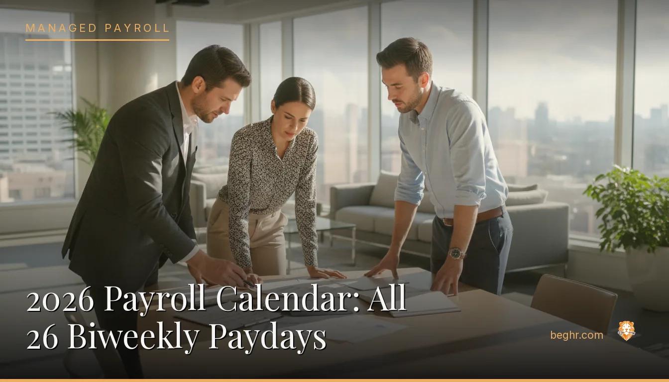 Business professionals reviewing payroll and HR documents in a bright modern office