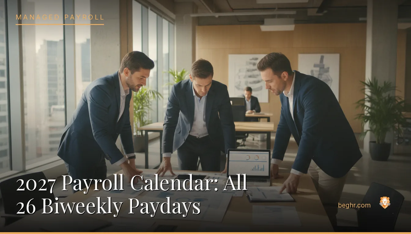 Business professionals reviewing payroll and HR documents in a bright modern office