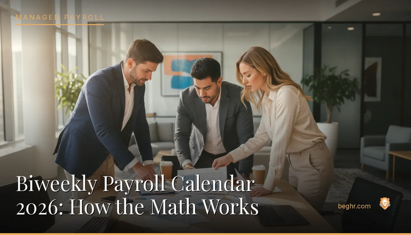 Business professionals reviewing payroll and HR documents in a bright modern office