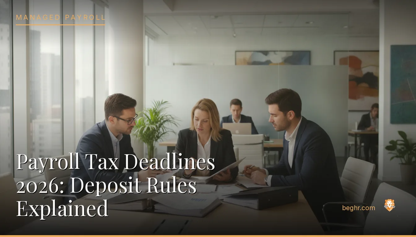 Business professionals reviewing payroll and HR documents in a bright modern office