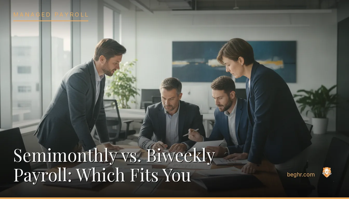 Business professionals reviewing payroll and HR documents in a bright modern office