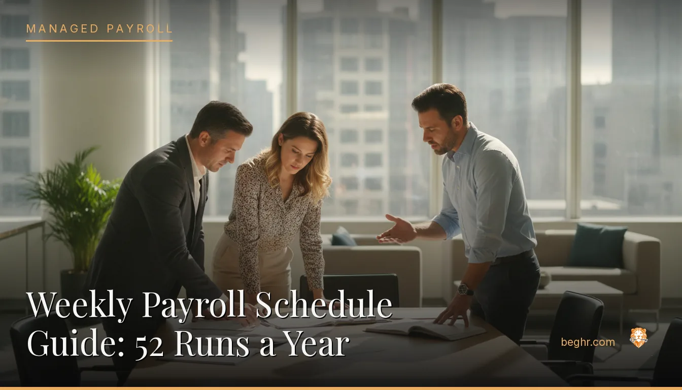 Business professionals reviewing payroll and HR documents in a bright modern office