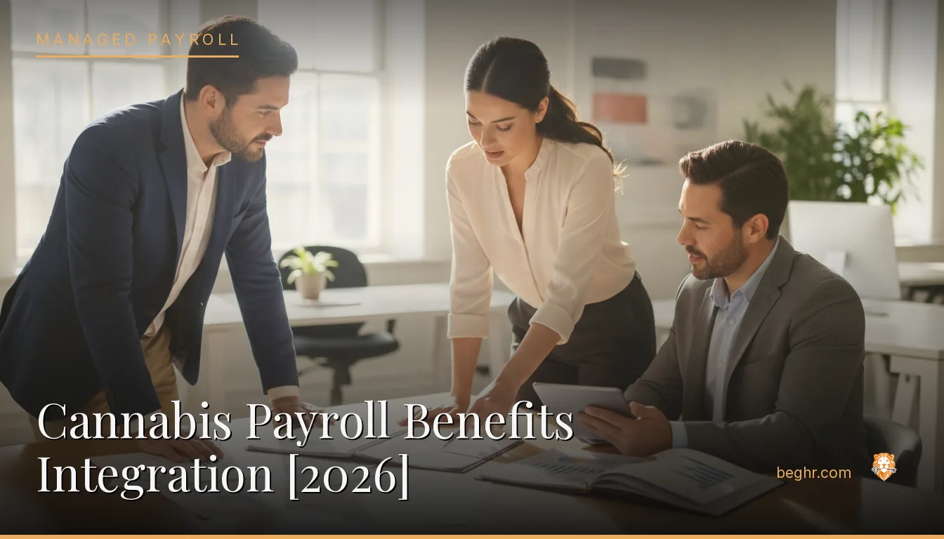 Business professionals reviewing payroll and HR documents in a bright modern office